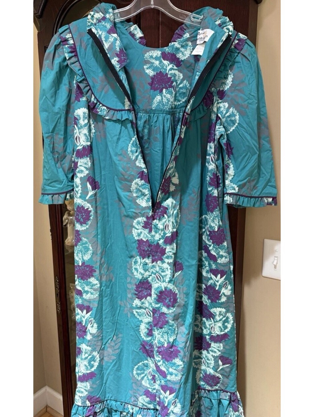 Vtg TORI RICHARD Golden Monarch Collection Teal Floral Printed Maxi Dress Size M - Picture 5 of 9